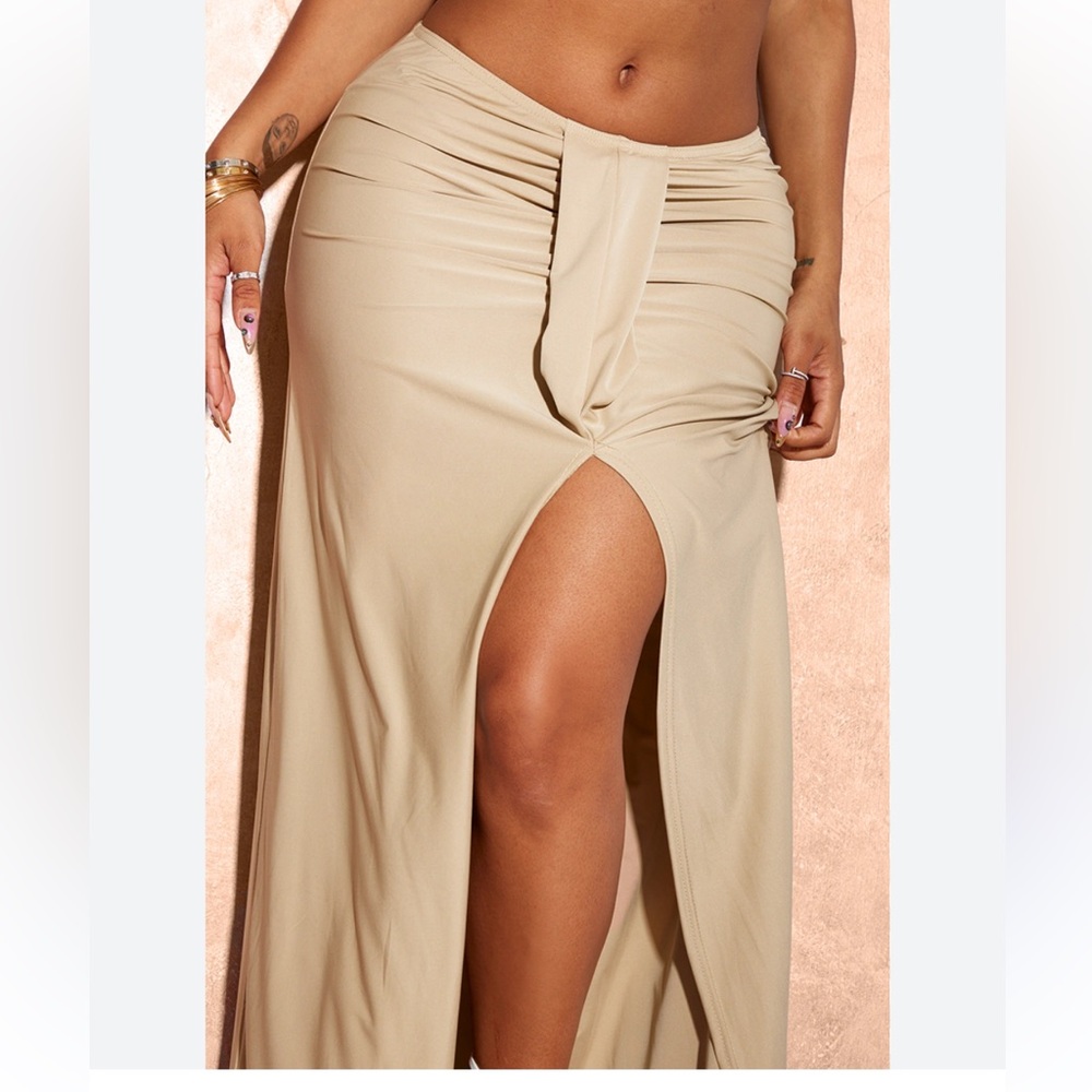 PrettyLittleThing Tan Wrap Maxi Skirt with Ruched Slit